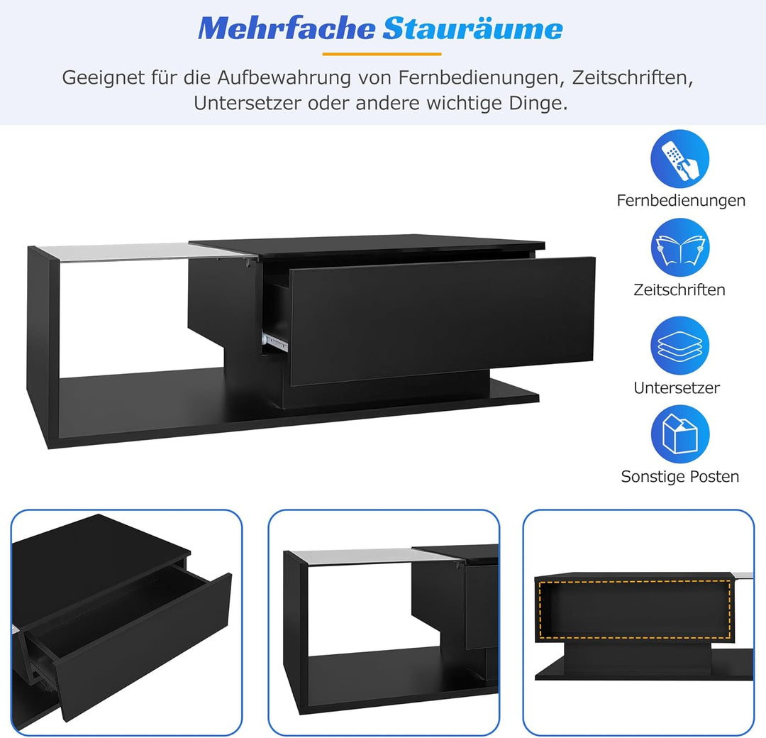 Merax Couchtisch Schwarz Hochglanz mit LED, Moderner Wohnzimmertisch mit Stauraum Schubladen, Glaspl