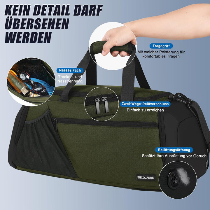 BECOJADDE Sporttasche Herren 40L Gross Sporttaschen Reiserucksack Mehrere Taschen Rucksack mit Schuh