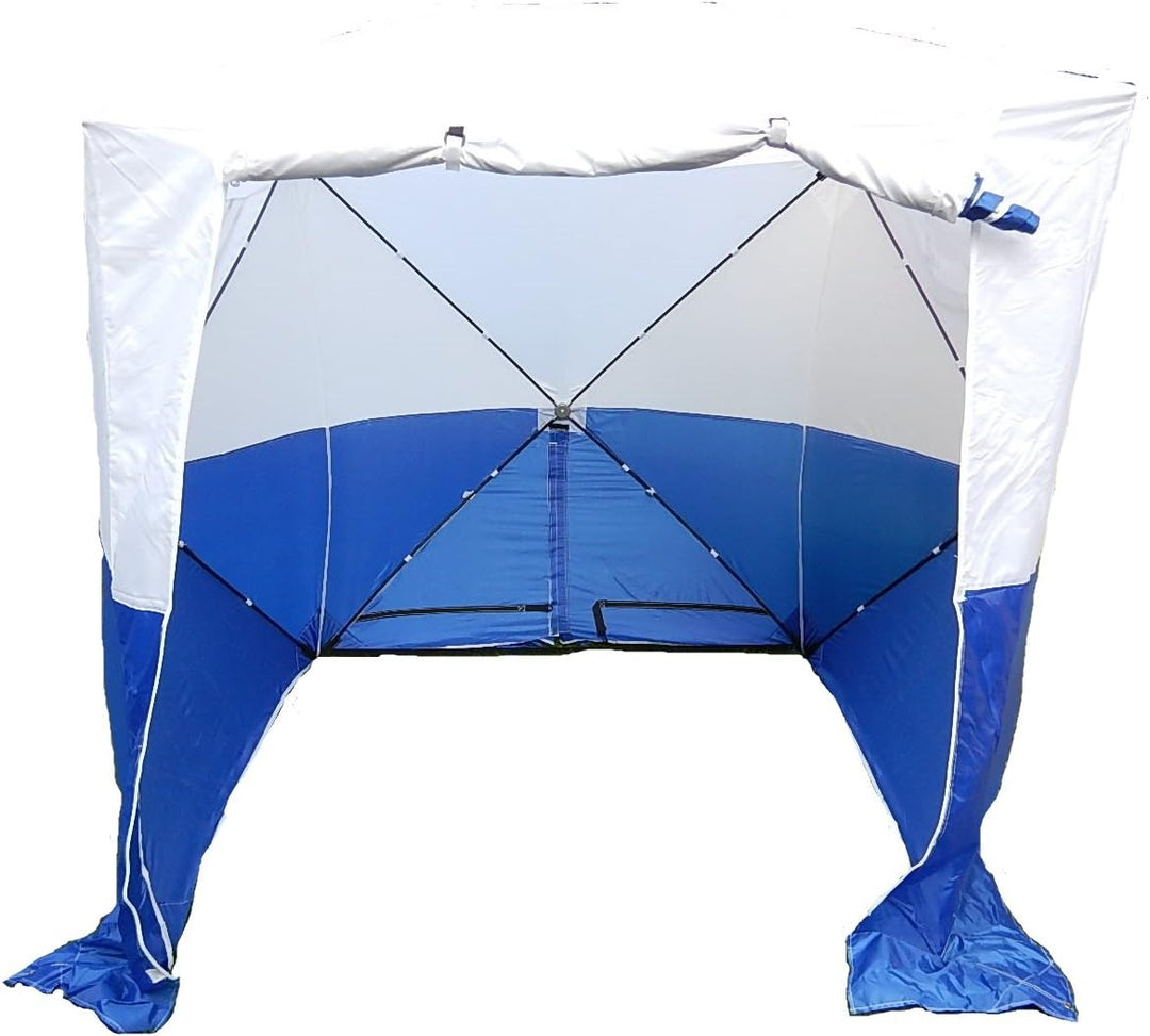Bauzelt blau/weiss, Montagezelt, Baugrubenzelt, leicht und in 30 Sek. Auf- und abgebaut, vom Deutsch