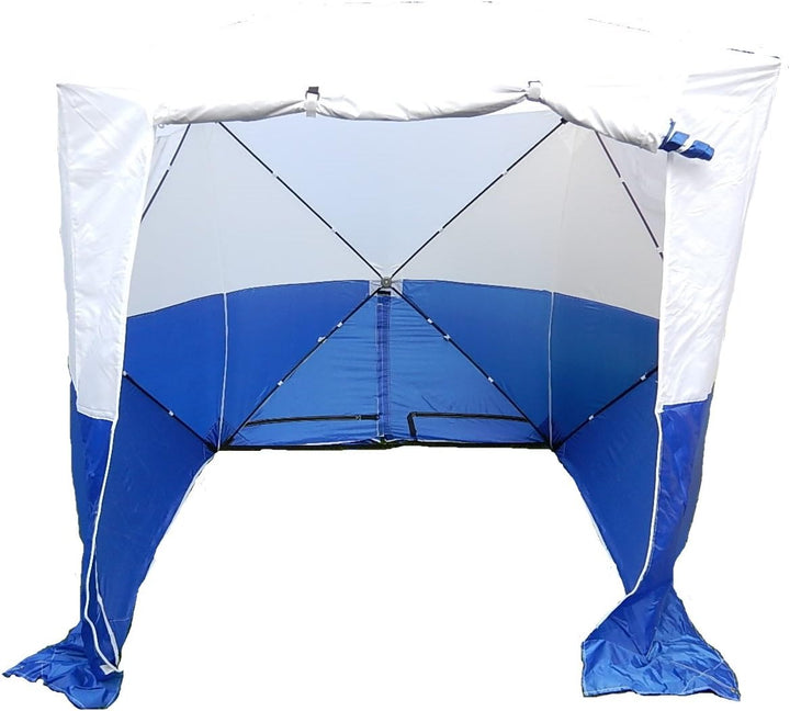 Bauzelt blau/weiss, Montagezelt, Baugrubenzelt, leicht und in 30 Sek. Auf- und abgebaut, vom Deutsch