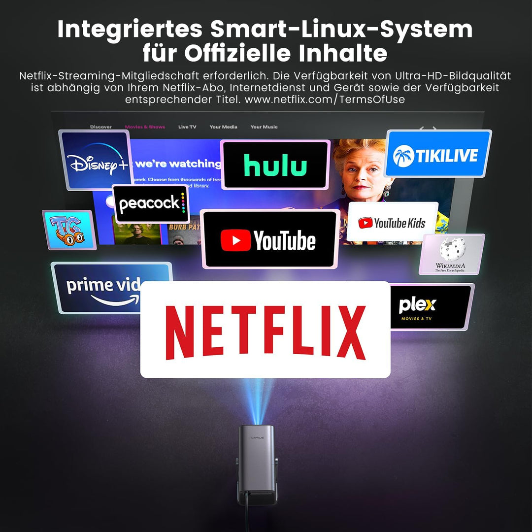 Mini Beamer 4K [Kompatibel mit Netflix|Dolby Audio] 600ANSI Smart Beamer Full HD 1080P Auto Fokus Au