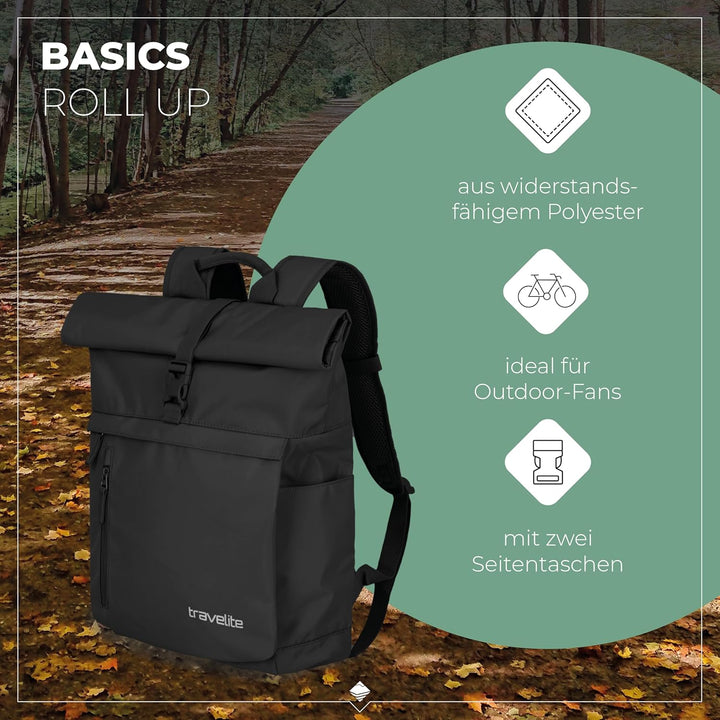 Travelite Handgepäck Rucksack, Laptop Rucksack 15,6 Zoll, BASICS, Reiserucksack Rolltop Funktion, 60