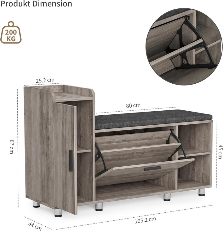 Schuhbank mit Sitzfläche, Klappfach mit Verstellbarer Trennwand, Höhenverstellbar, Schuhschrank mit