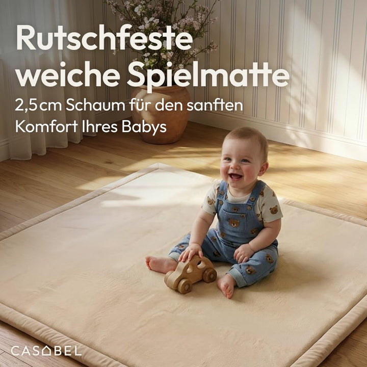 CASABEL Baby Spielmatte aus Samt in Cremeweiss 120×120 cm, Dick und weich, bequemer Schaumstoff, rut