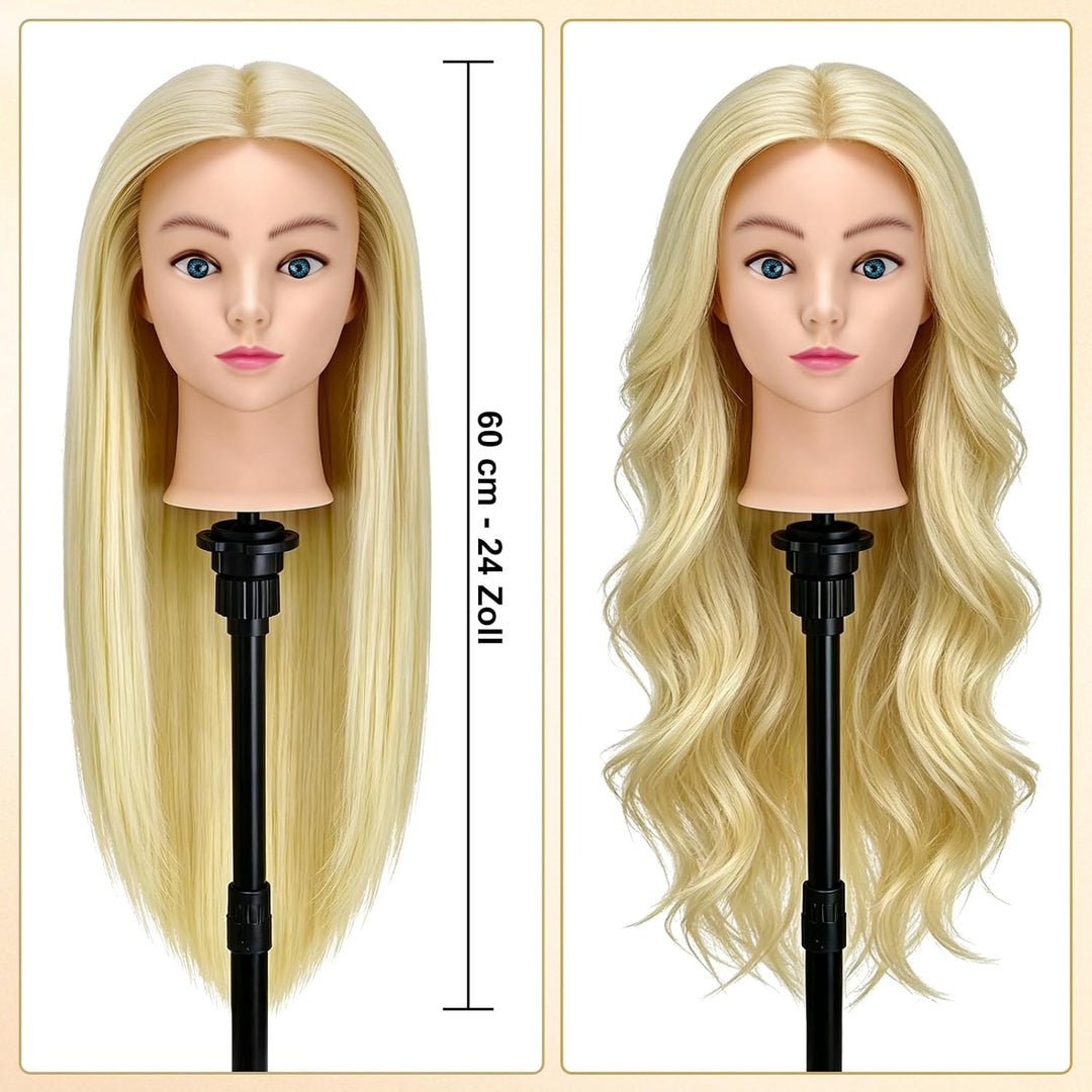 TwoWin 24 Zoll /60 cm Trainingsköpfe für Friseure, Frisierkopf mit 80% Echthaar, Übungskopf Friseurk