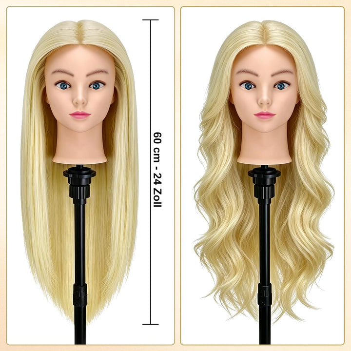 TwoWin 24 Zoll /60 cm Trainingsköpfe für Friseure, Frisierkopf mit 80% Echthaar, Übungskopf Friseurk