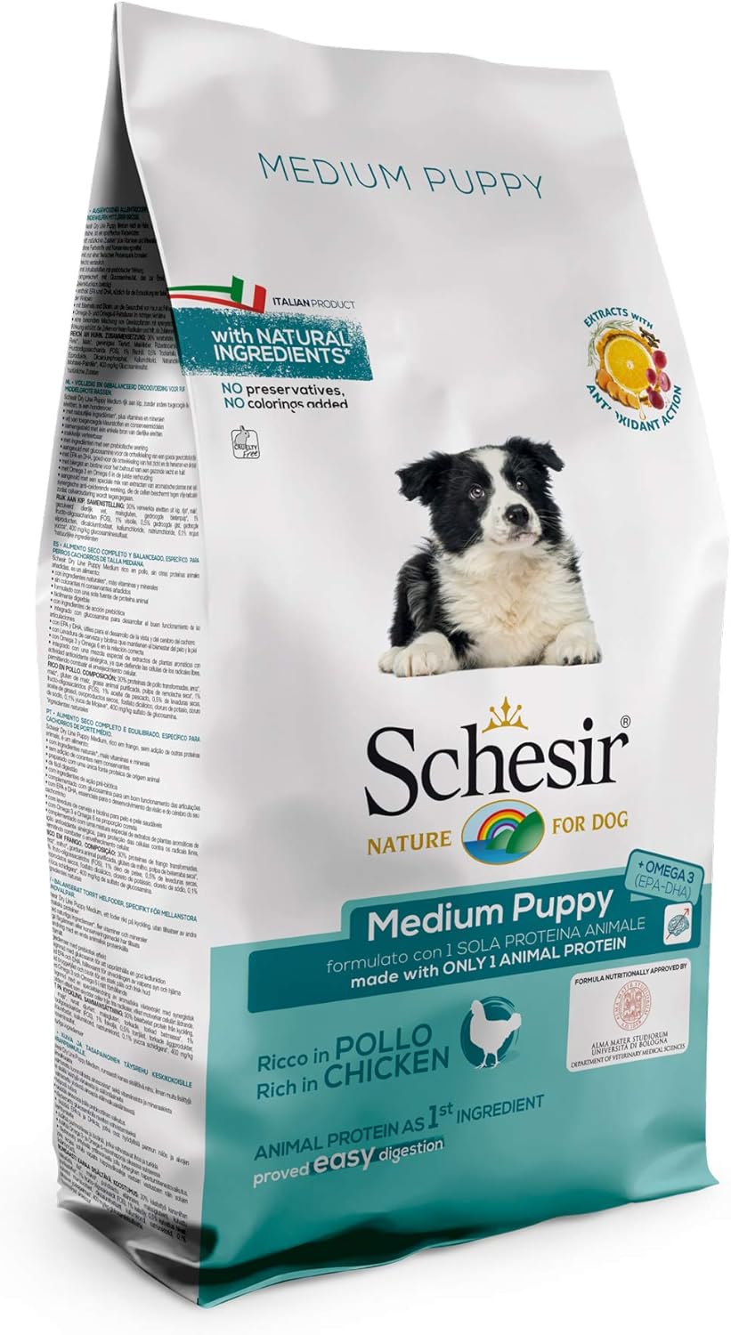 Schesir Dog Medium Puppy Huhn, Hundefutter trocken für Welpen mittelgrosser Rassen, Beutel, 12 kg Me