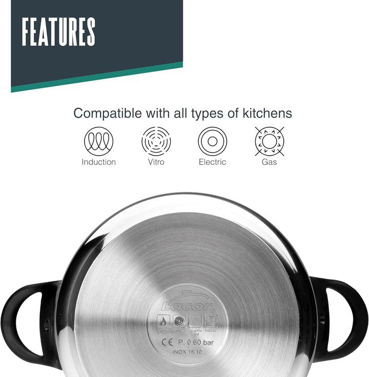 LACOR 71872 Schnellkochtopf Classic 12 L Edelstahl 18/10 12 Liter, Edelstahl 18/10 12 Liter