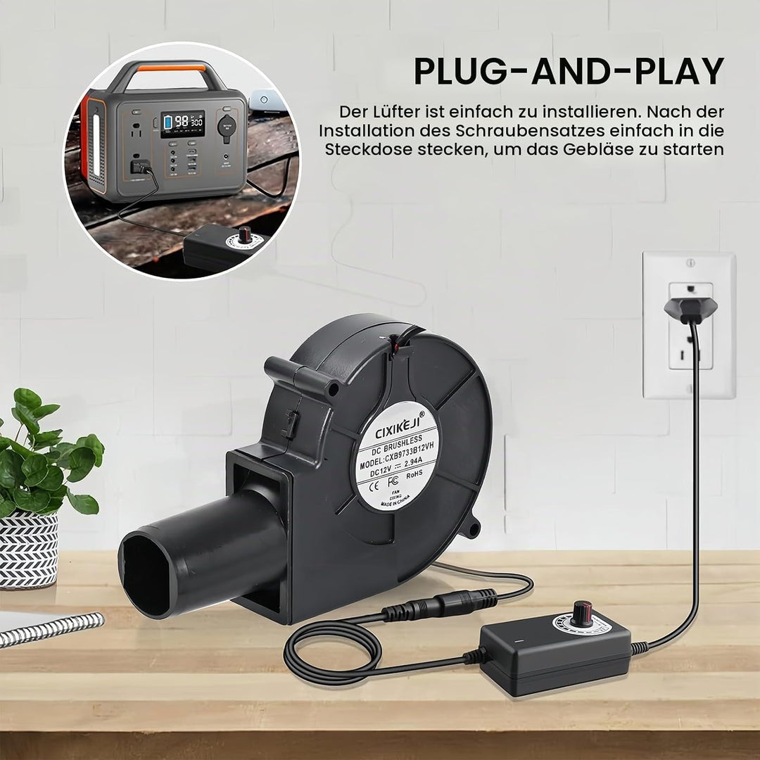 Radiallüfter 12V mit Drehzahlregler, Turbinengebläse für Belüftung, BBQ, Kamin, Kühlung, Ventilator,