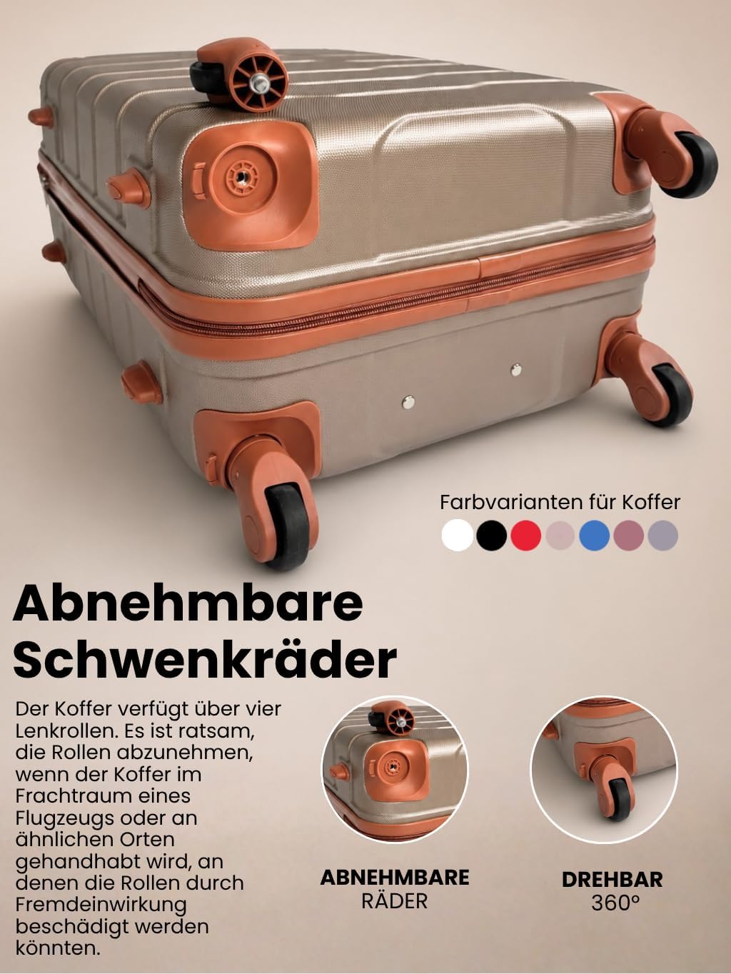 BERTOO Firenze Hartschalen-Reisekoffer-Set, 2-teilig, ABS-Schale, 4 abnehmbare 360°-Rollen, Schwarz