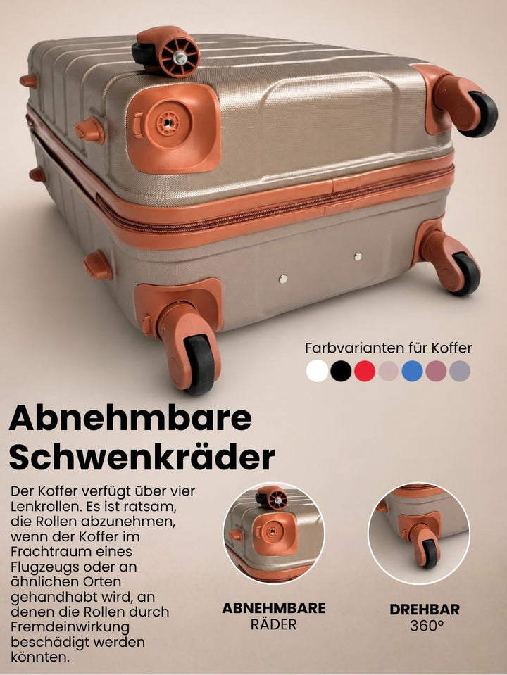 BERTOO Firenze Hartschalen-Reisekoffer-Set, 2-teilig, ABS-Schale, 4 abnehmbare 360°-Rollen, Schwarz