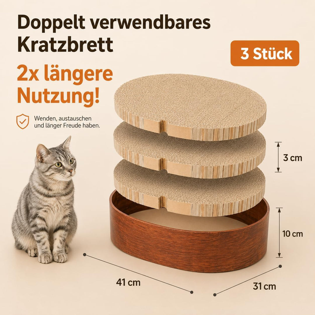 Kratzbrett Katze rund aus robuster Kratzpappe – Ovales Katzenkratzbett mit 3 austauschbaren, doppels