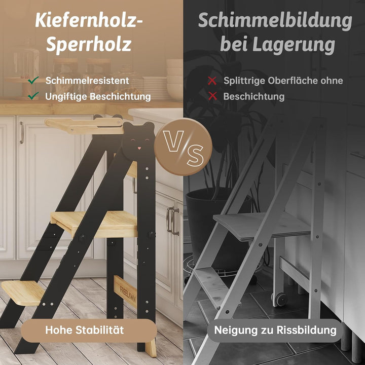 Lernturm Klappbar & 3-Fach Höhenverstellbar - Kippsicherer Learning Tower aus Kiefernholz - Mitwachs