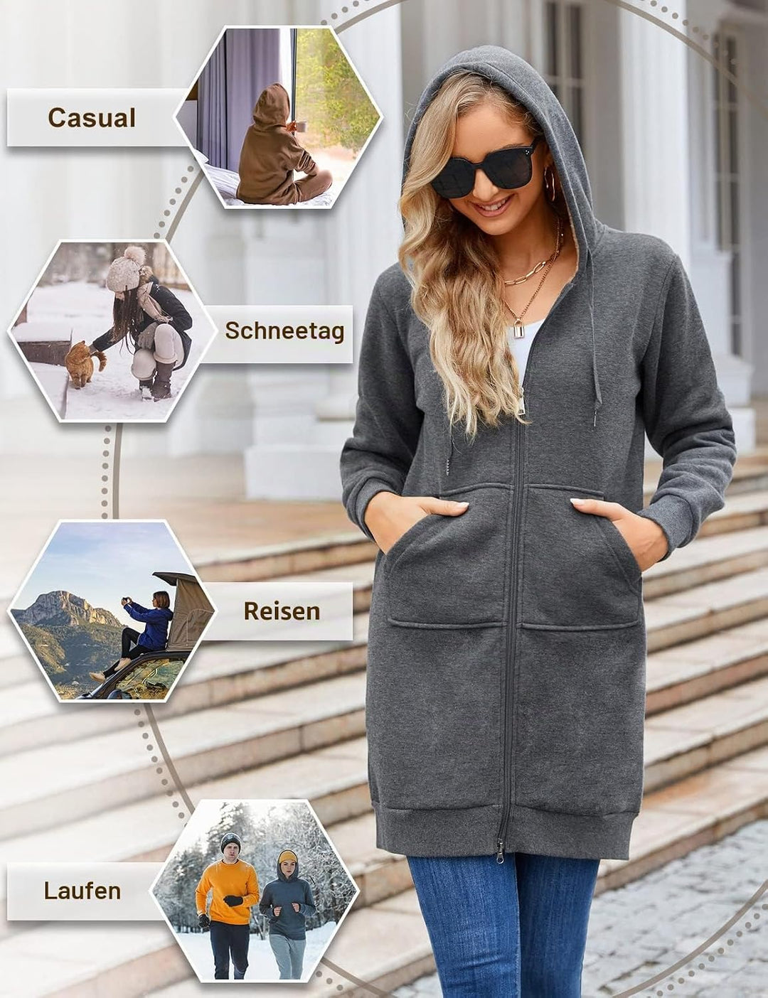 Nadeer Damen Mantel Plüschjacke mit Kapuze Lang Gefüttert Hoodies Plüsch Reissverschluss Mittellang