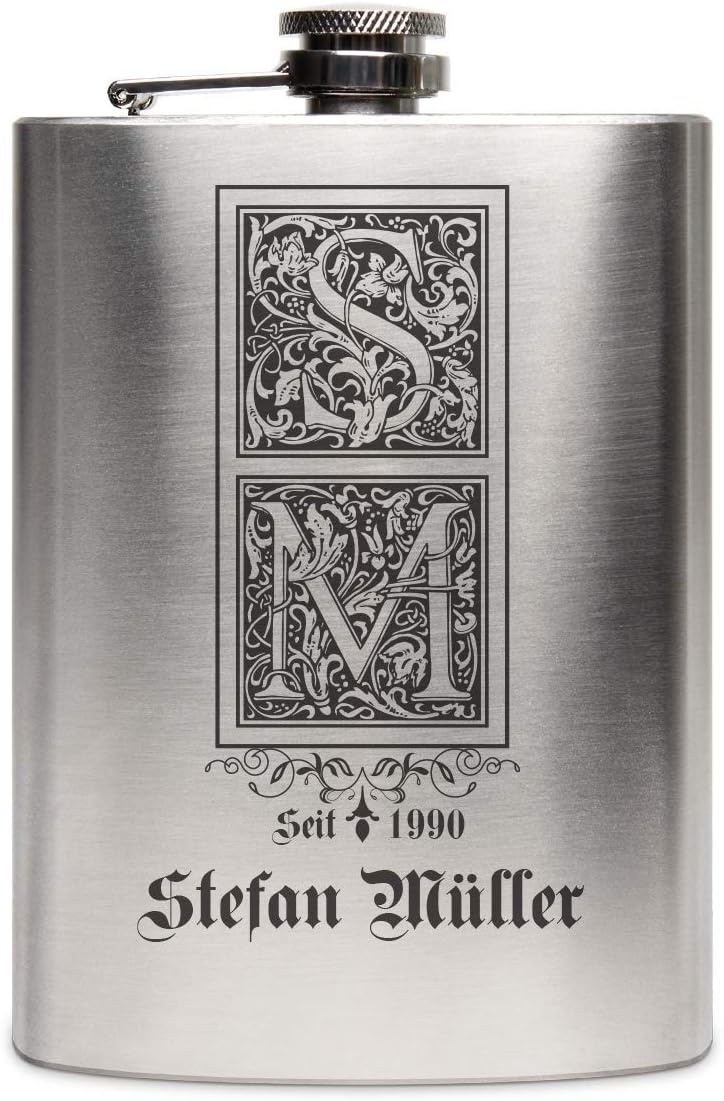 Edelstahl Flachmann 237 ml 8 oz Geschenk mit individueller Gravur - Verzierte Initialen, Verzierte I