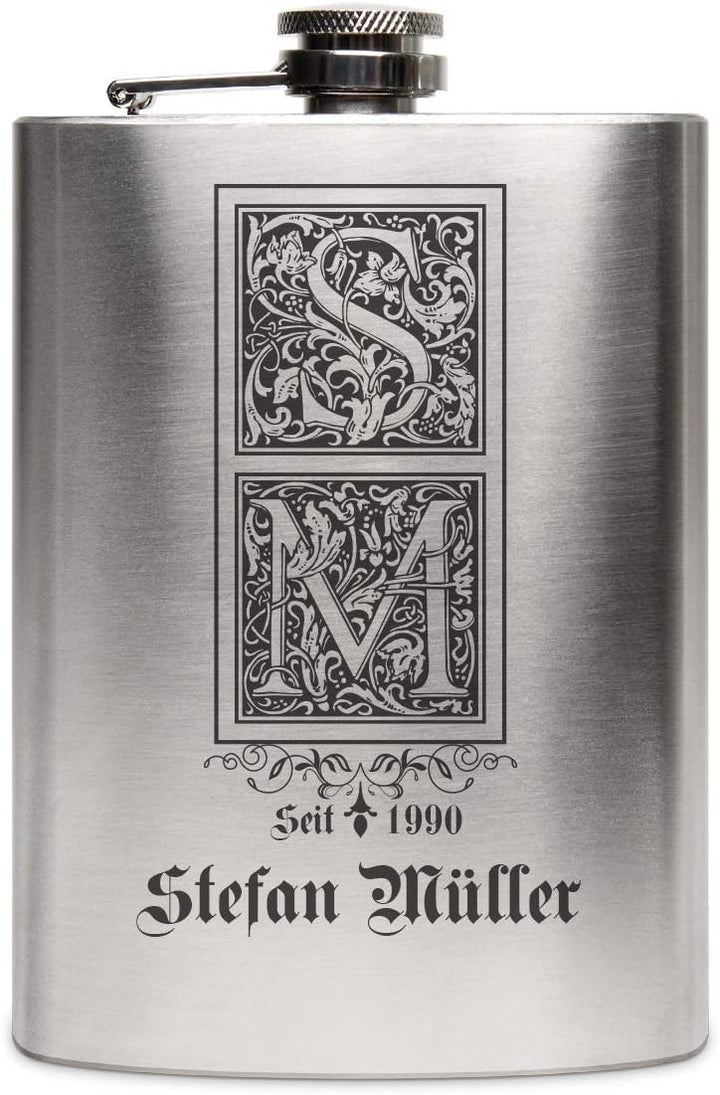 Edelstahl Flachmann 237 ml 8 oz Geschenk mit individueller Gravur - Verzierte Initialen, Verzierte I