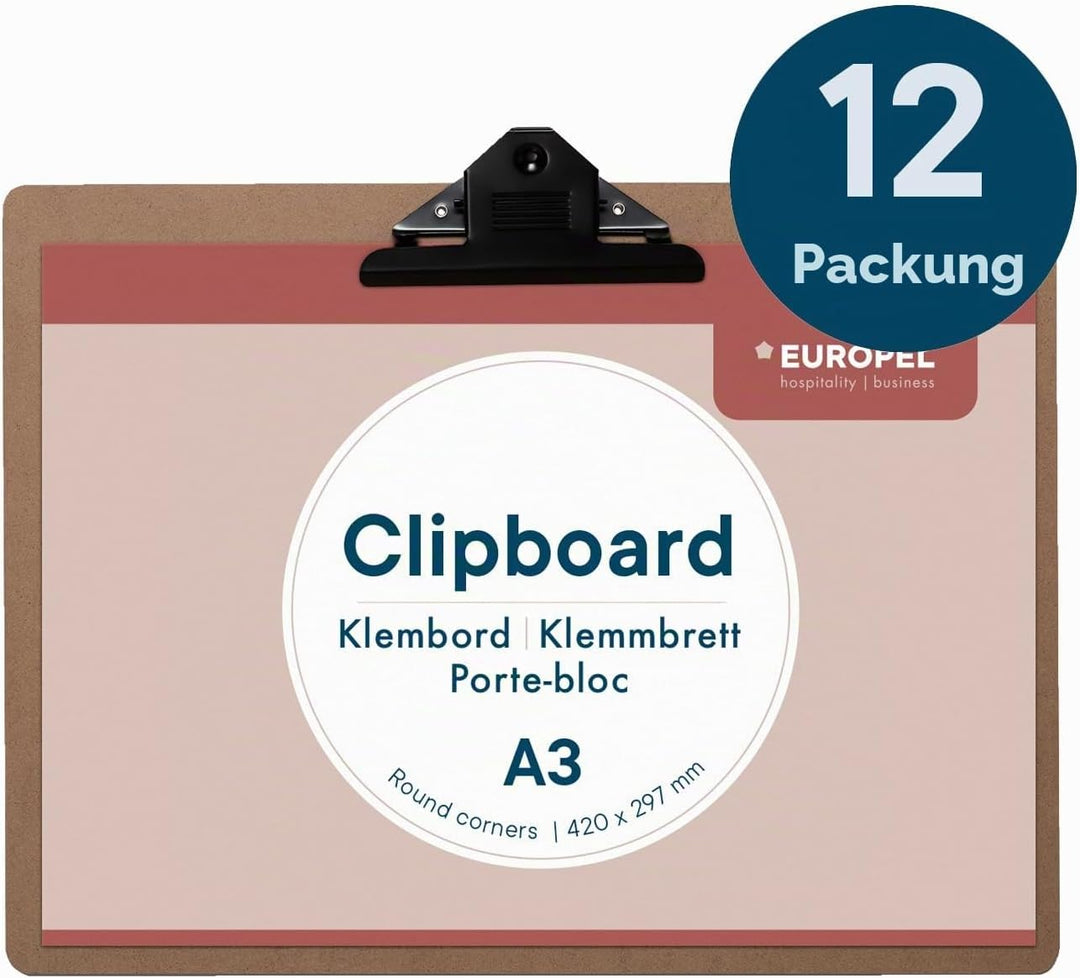 Europel Klemmbrett aus Holz, A3, Querformat, 12 Stück, FSC-zertifiziert, MDF, mit schwarzem Metallcl