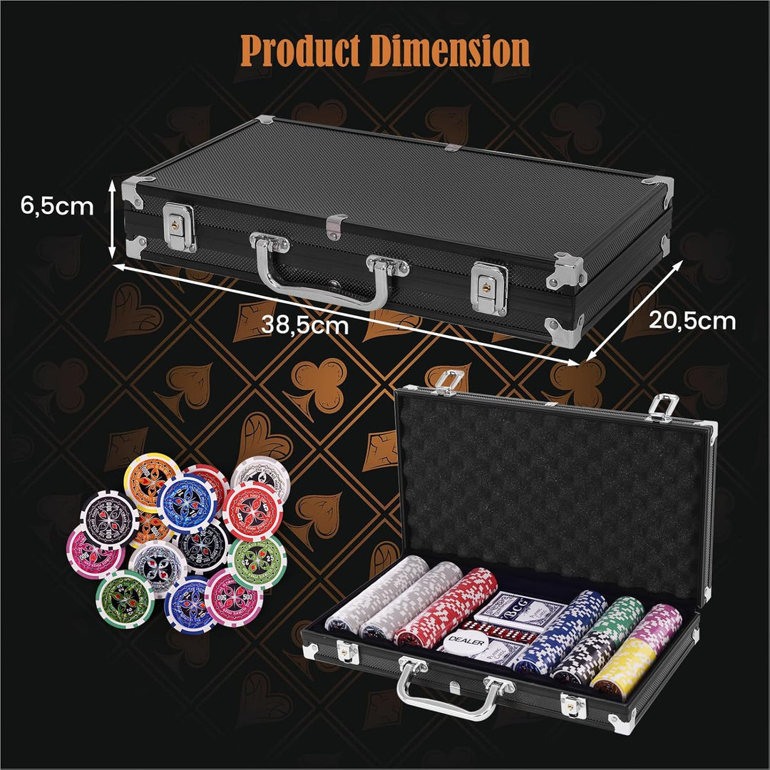 HOMASIS Pokerset mit 300 Chips, Alu Pokerkoffer mit 2 Kartendecks, 5 Würfeln, 1 Dealer Button, Poker