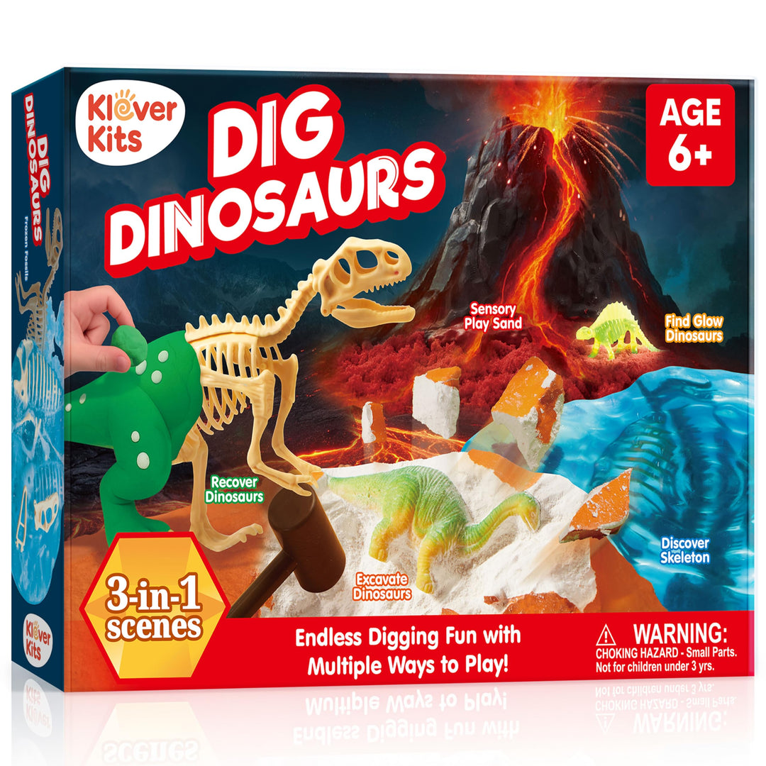 Klever Ausgrabungsset für Kinder, 3-in-1-Dinosaurier Fossilien- Ausgrabungsset (Vulkan See Land), Ba