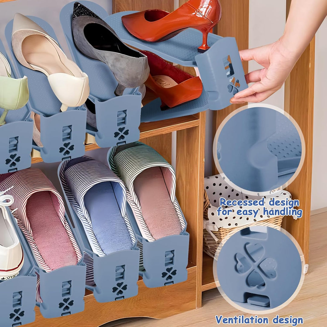 10 Stück Einstellbare Schuhregale,PP Doppelschicht Schuhstapler,3 Höhenverstellbar,Schuhschlitz Orga