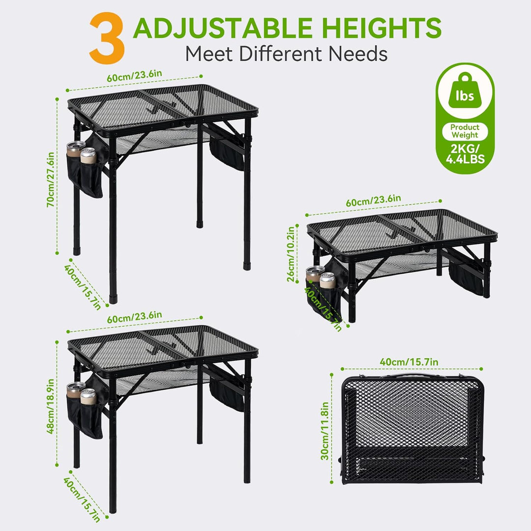 Campingtisch Klappbarer 60×40cm 3-Fach Höhenverstellbarer Grilltisch mit Metallgitter-Tischplatte un