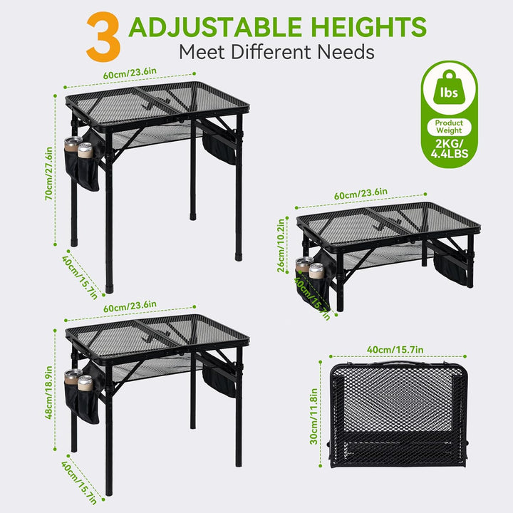 Campingtisch Klappbarer 60×40cm 3-Fach Höhenverstellbarer Grilltisch mit Metallgitter-Tischplatte un