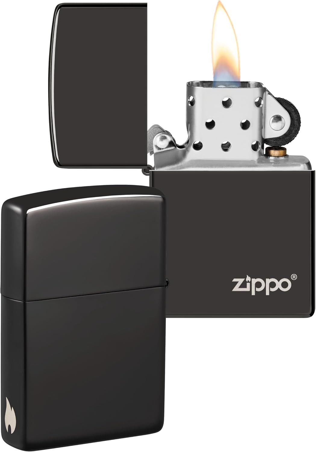 ZIPPO - High Polish Black mit Logo - nachfüllbares Sturmfeuerzeug in hochwertiger Geschenkbox (schwa