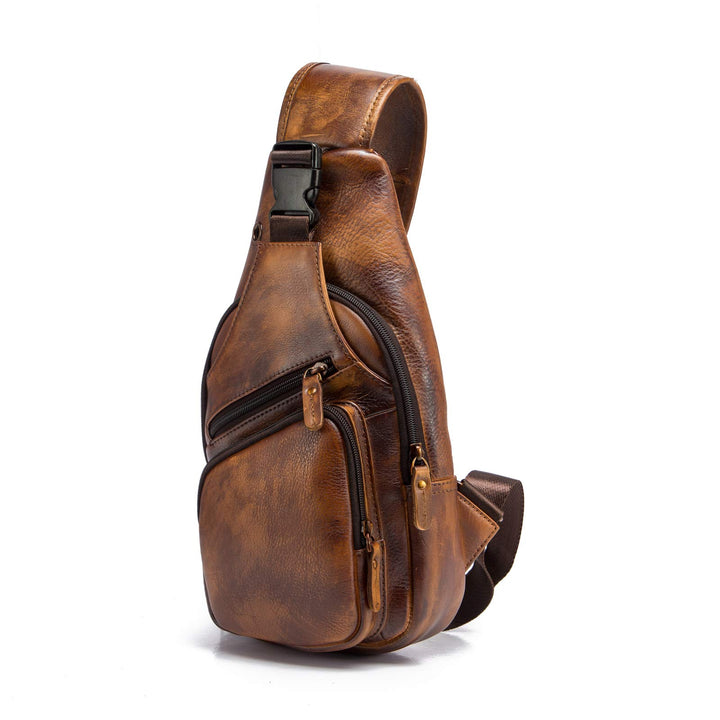 Le'aokuu Herren Echtes Leder Brusttasche Umhängetasche Sport Outdoor Messenger Bag Wanderrucksäcke 8