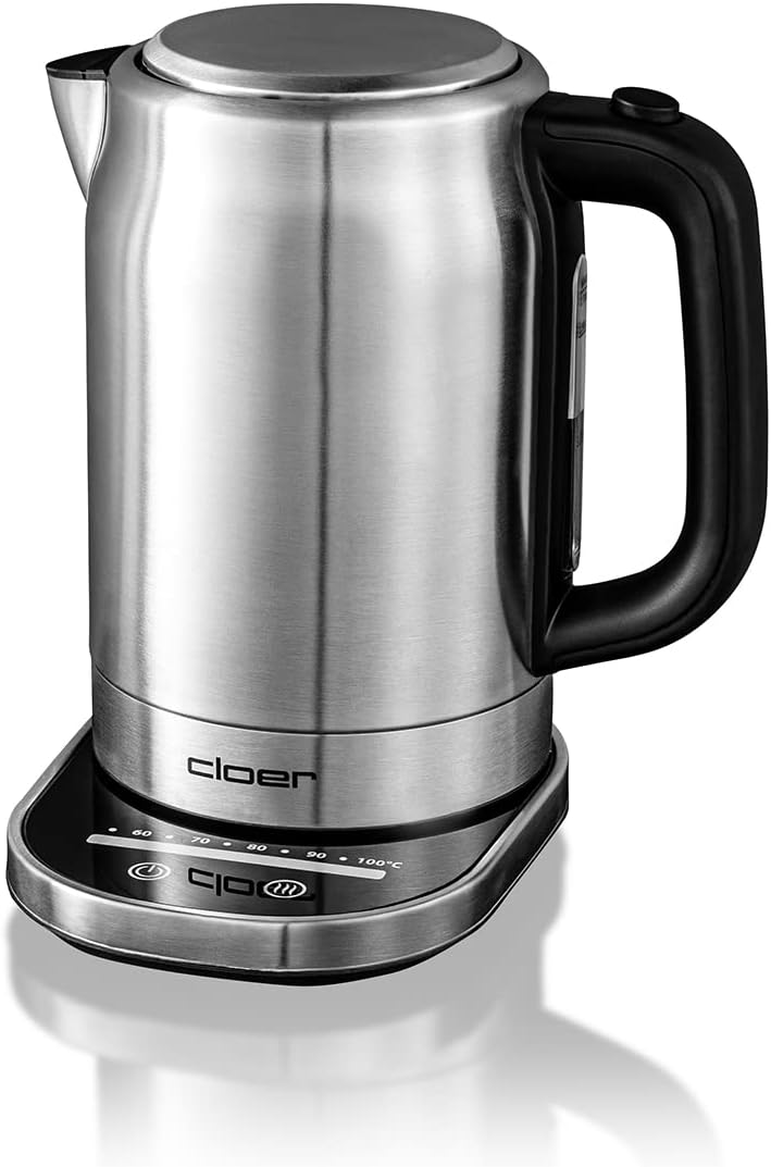 Cloer 4459 Touch-Wasserkocher, Basisstation mit Glasoberfläche-LED-Anzeige, 1,7 Liter, Edelstahl Tou