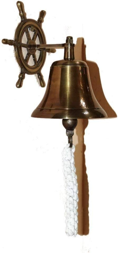 Schiffsglocke, Glocke mit Kordel, Wandhalterung als Steuerrad Messing brüniert
