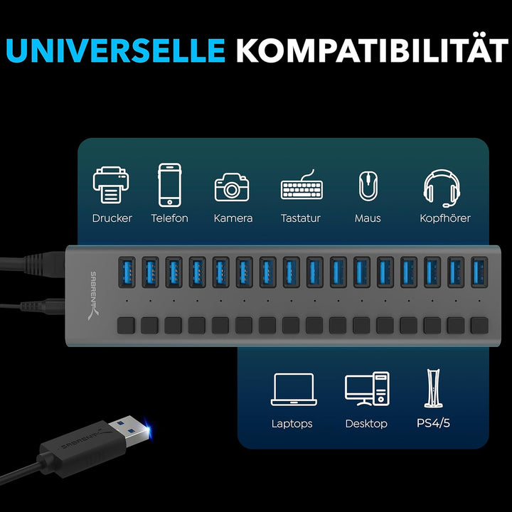 Sabrent USB 3.2 Gen 1 16 Port Aluminium HUB mit Netzschaltern und LEDs, inklusive Netzteil (HB-PU16)