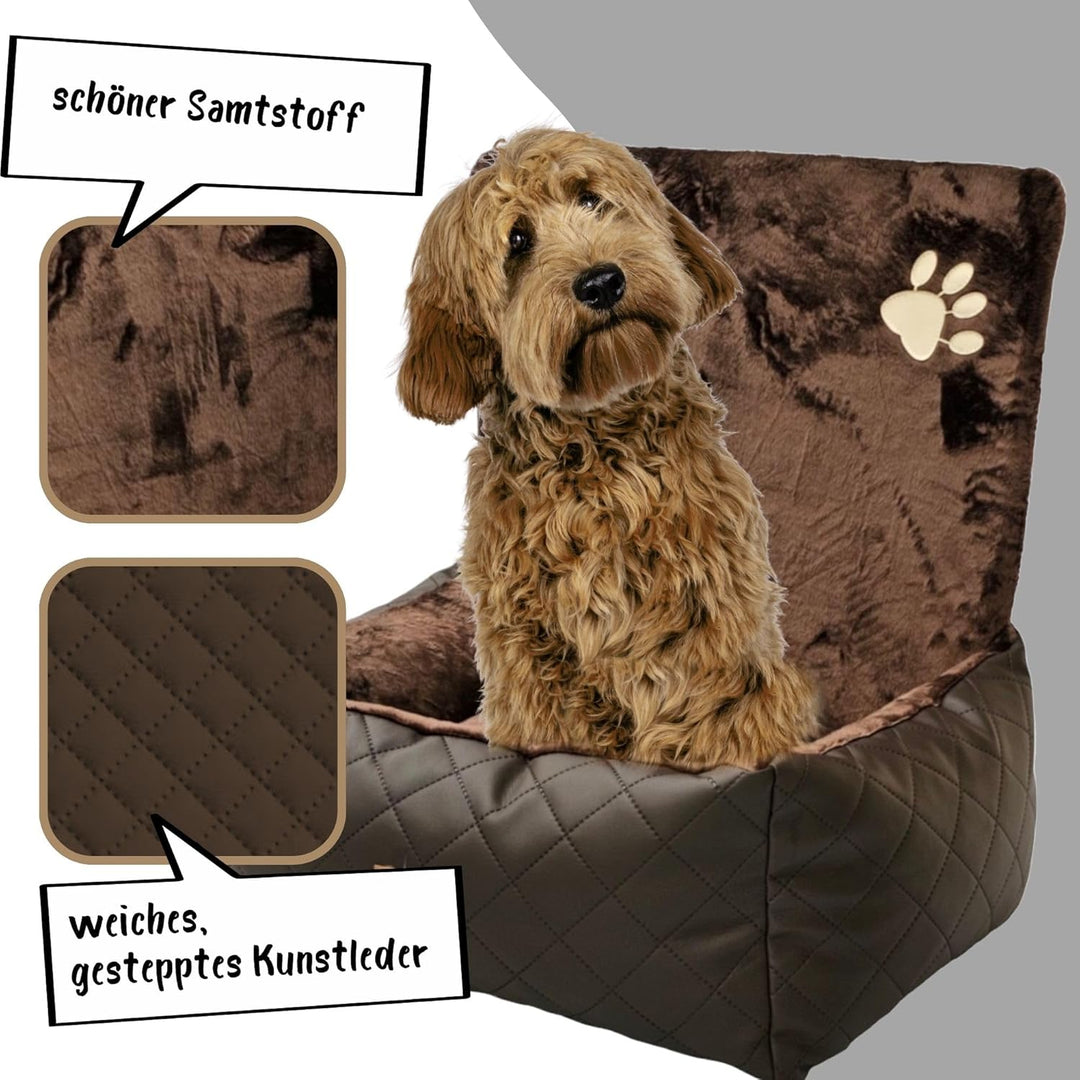 Golden Dog -Transportbox Hund mit Sicherheitsgurt S 58 x 46 cm Leder Imitation Autositz Hund, Wasser