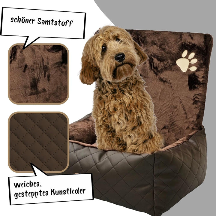 Golden Dog -Transportbox Hund mit Sicherheitsgurt S 58 x 46 cm Leder Imitation Autositz Hund, Wasser