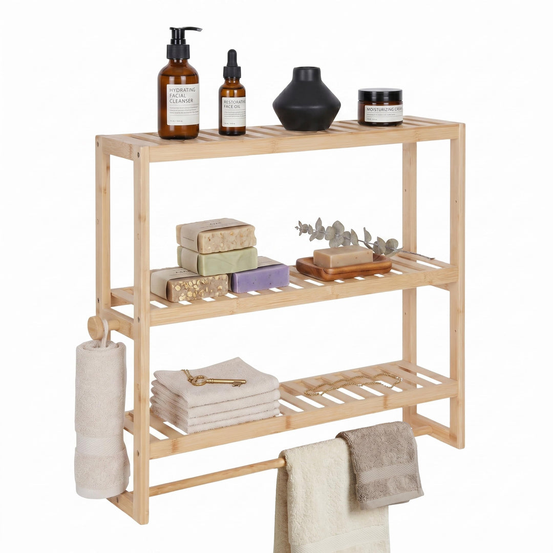 Relaxdays Wandregal Bad, HxBxT: 54 x 60 x 15 cm, Bambus, Handtuchstange, 2 Haken, schmales Schwebere