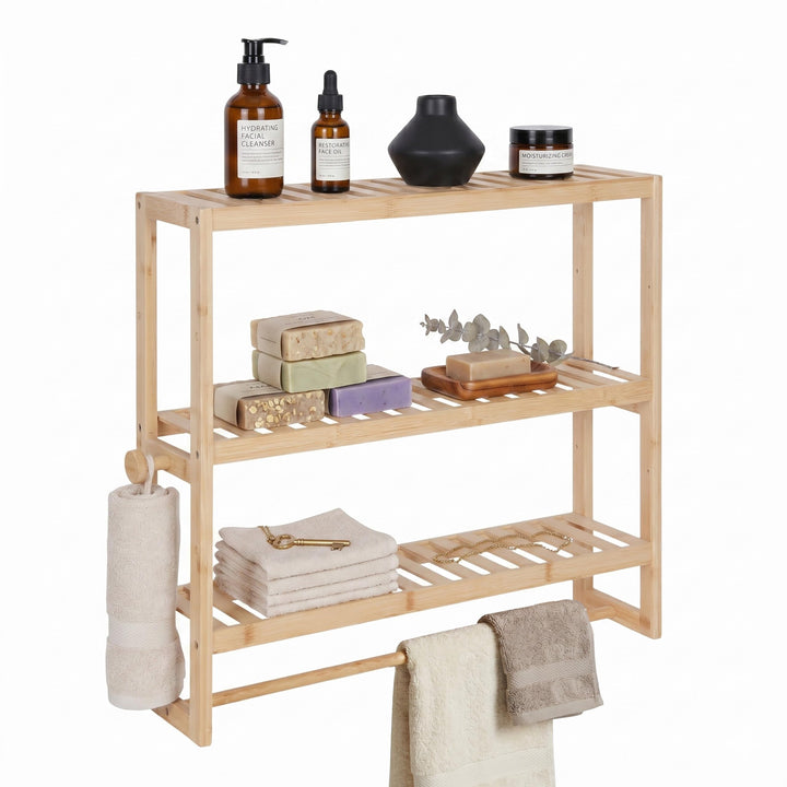 Relaxdays Wandregal Bad, HxBxT: 54 x 60 x 15 cm, Bambus, Handtuchstange, 2 Haken, schmales Schwebere
