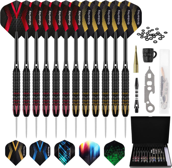 Grebarley Dartpfeile mit Metallspitze,12 Stück Profi Steeldarts 18 Aluminium Schaft mit 9 Flights 20