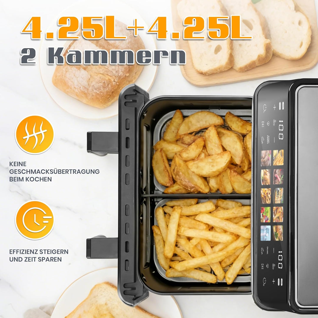2000W Heissluftfritteuse mit 2 Kammern, 8.5 L Airfryer, 10 Programme, Touch-Bedienung, Air Fryer mit