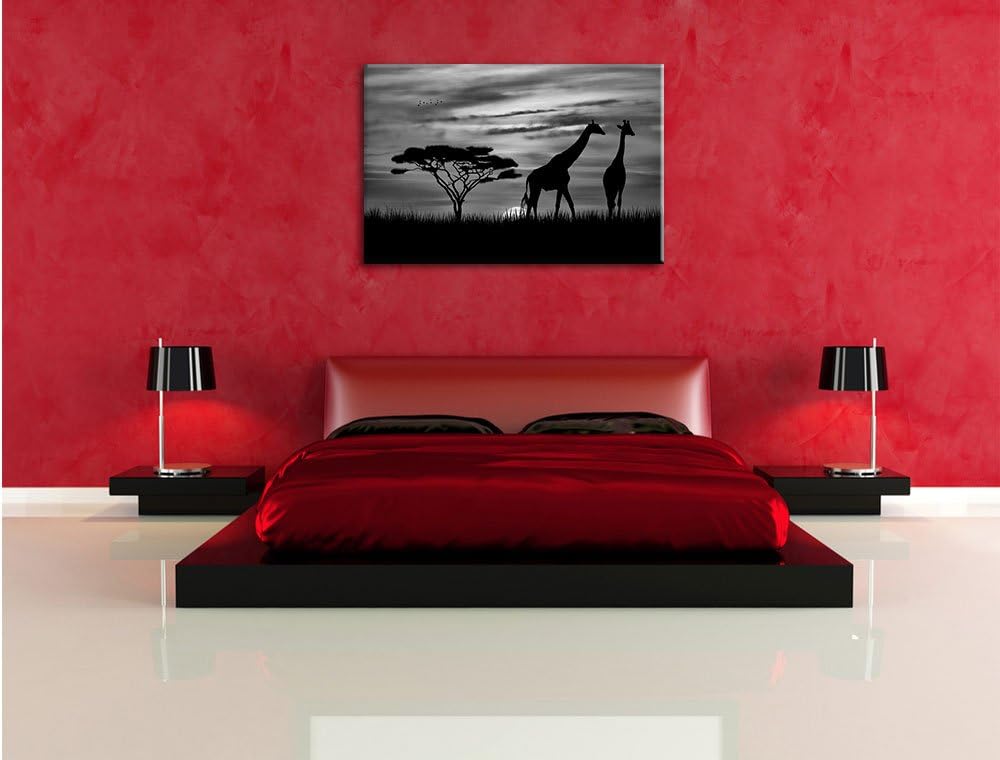 Pixxprint Monocrome, Afrika Giraffen im Sonnenuntergang, Format: 100x70 auf Leinwand, XXL riesige Bi