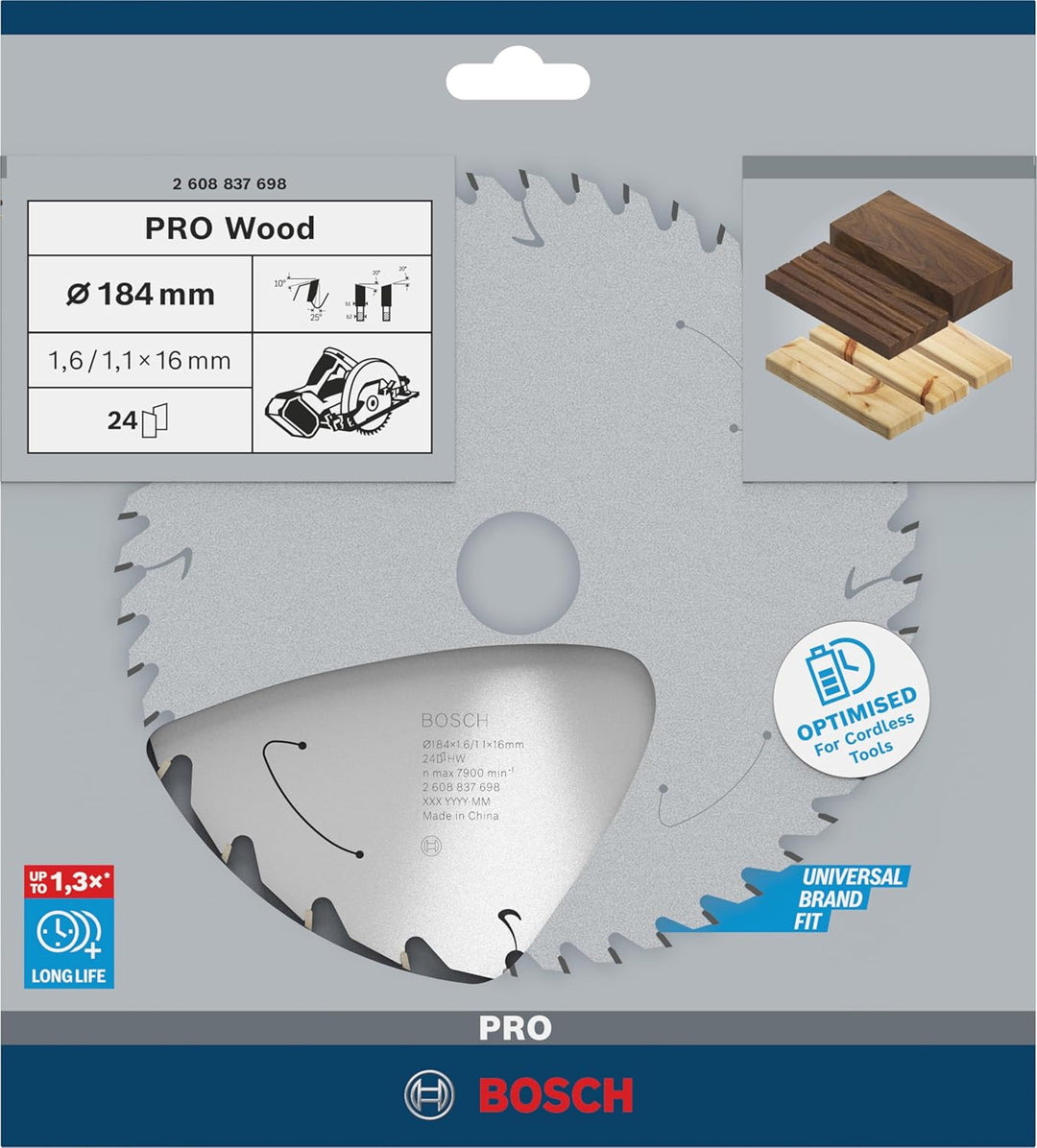 Bosch Professional 1x Kreissägeblatt Standard for Wood (Holz, Sägeblatt Ø 184 x 16 x 1,6 mm, 24 Zähn