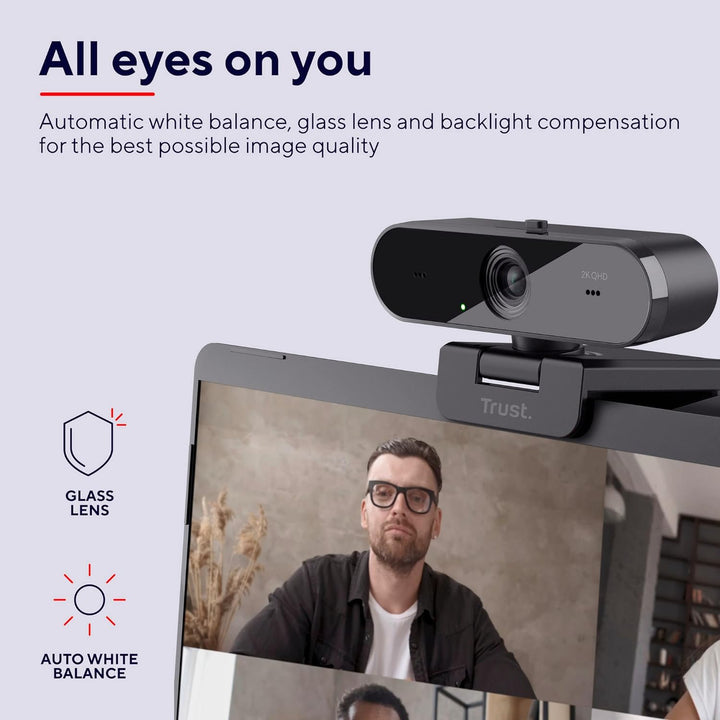 Trust Taxon 2K QHD Webcam aus 85% Recycling-Kunststoff, 2560x1440p USB Kamera PC mit Abdeckung, Auto