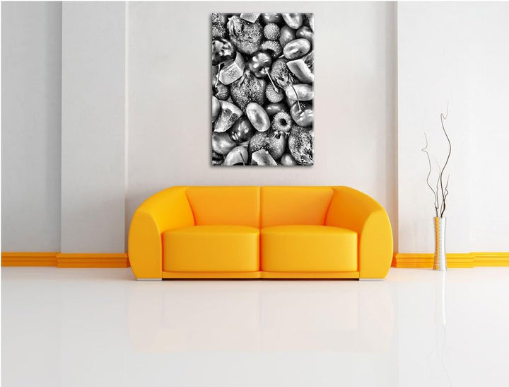 Pixxprint Monocrome, Früchtemix Erdbeeren Weintrauben, Format: 100x70 auf Leinwand, XXL riesige Bild