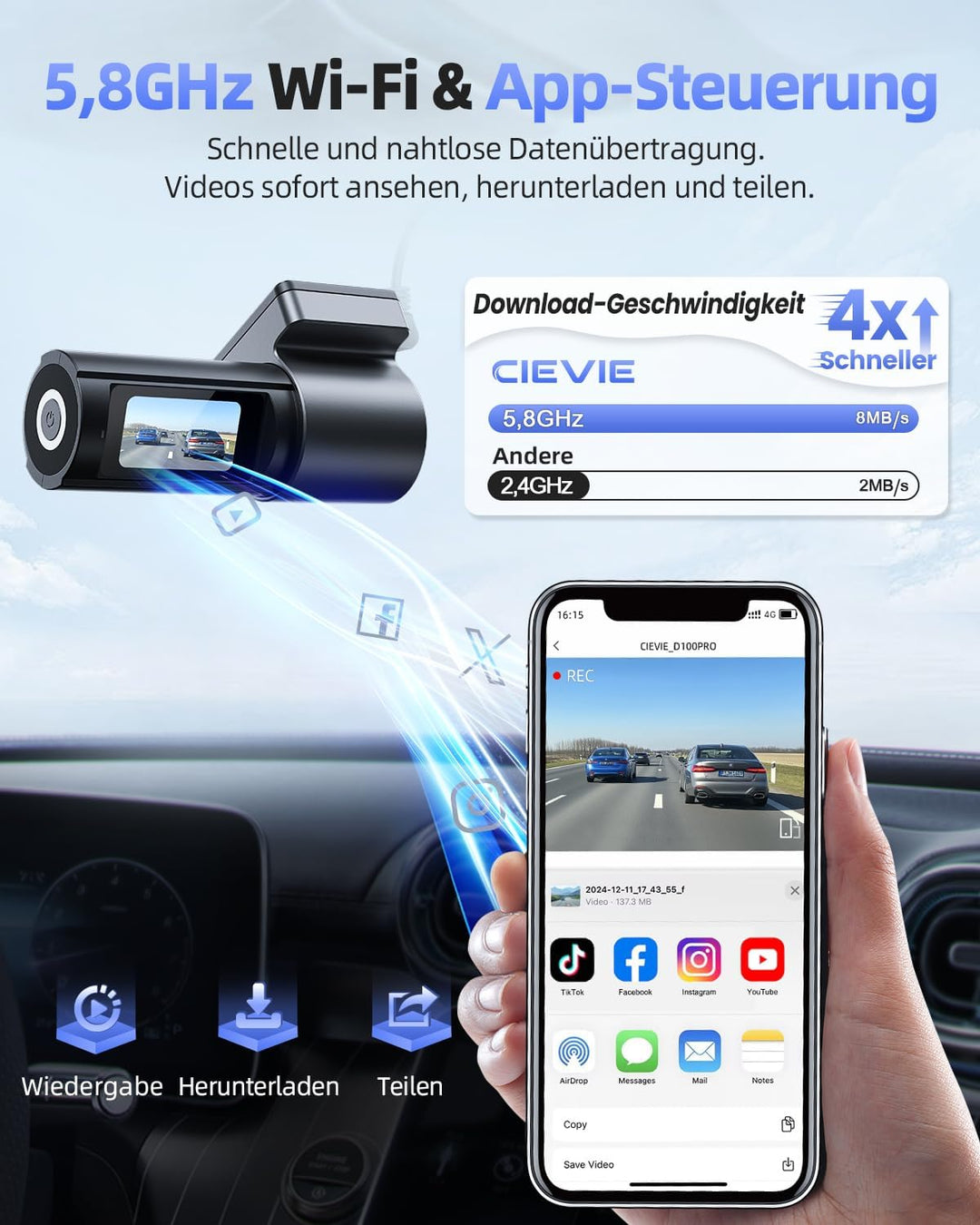4K Dashcam Auto Vorne Hinten mit GPS 5GHz WiFi, Dual Dashcam 1,5″ IPS Display, Auto Kamera mit 64GB