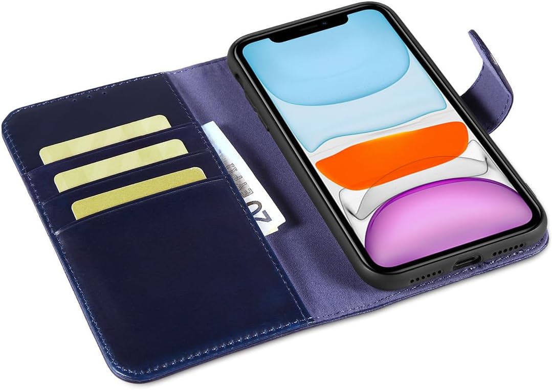 LENSUN Echtleder Handyhülle für iPhone 11, Hülle [Echtes Leder][Standfunktion][Kartenfächer] Handyta