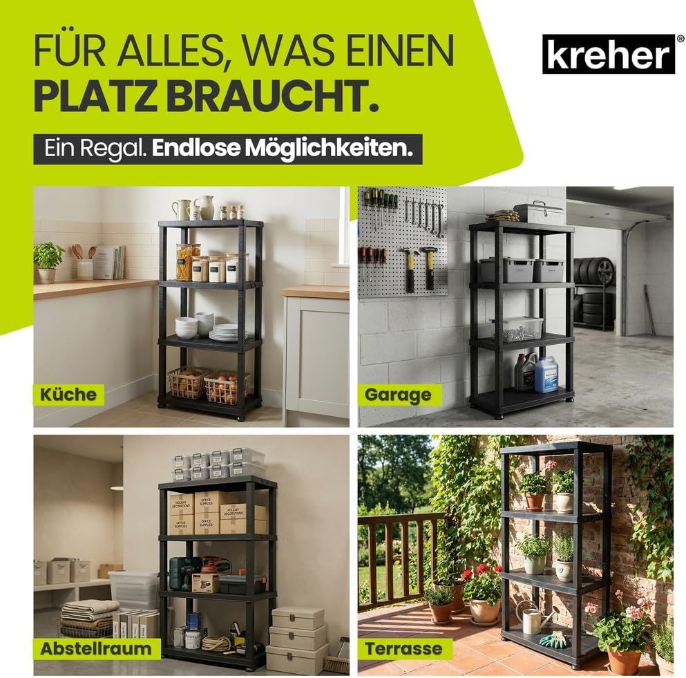 Kreher® Kunststoffregal „Neo“ mit 4 Böden - Steckregal für Haushalt, Keller &amp; Garage - Standregal, L