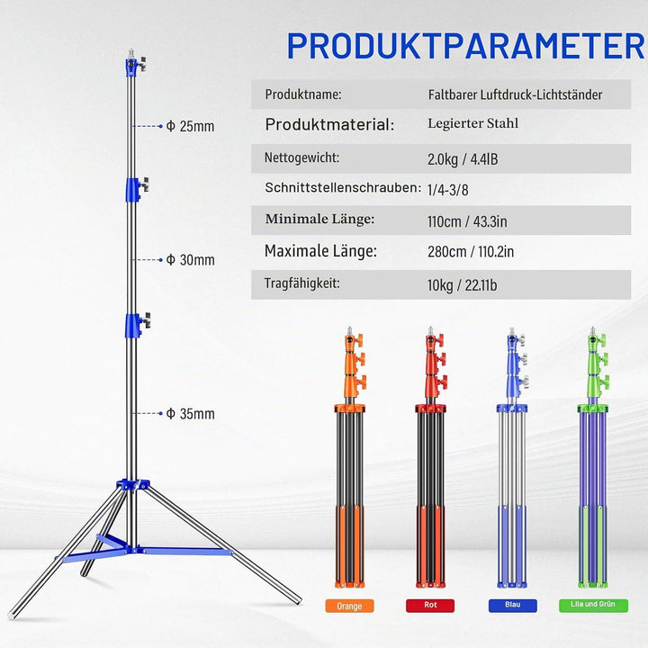 Soonpho Lichtstativ Vollmetall Puffer Druckstativ 9,1 ft/280cm Light Stand Bunt 10kg Tragkraft für O