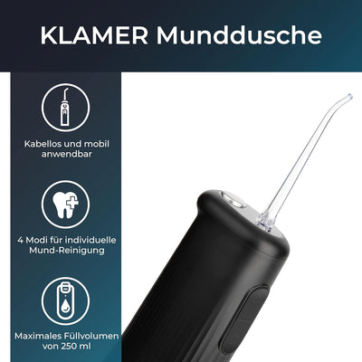 KLAMER Munddusche, Water Flosser mit 2 Aufsätzen für effektive Reinigung der Zähne und Zahnzwischenr