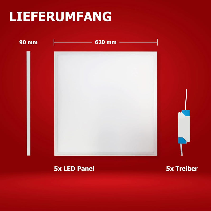 Xtend 5x LED Panel 62x62 40W Neutralweiss | 4000K flickerfrei nicht dimmbar ultraslim | LED Rasterle