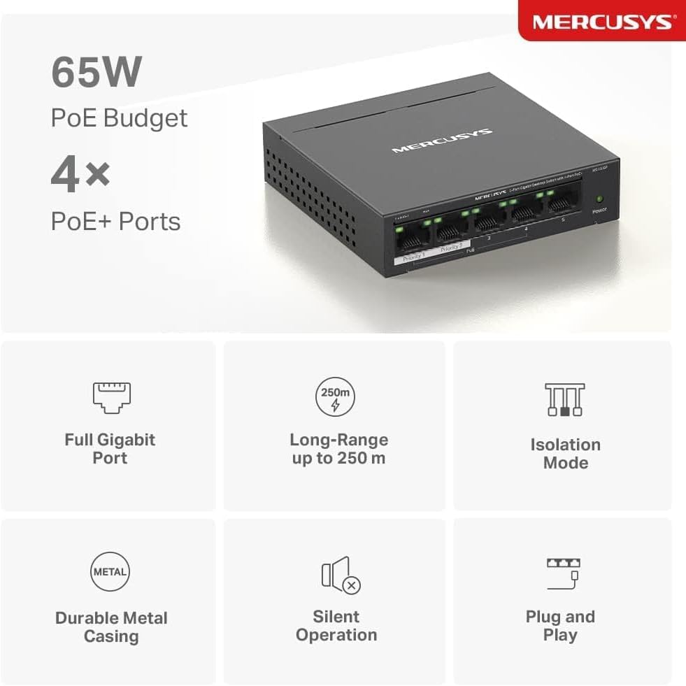 Mercusys MS105GP PoE Switch 5-Port Gigabit LAN Switch mit 4 PoE+ Ports (65 Watt, IEEE-802.3af/at PoE