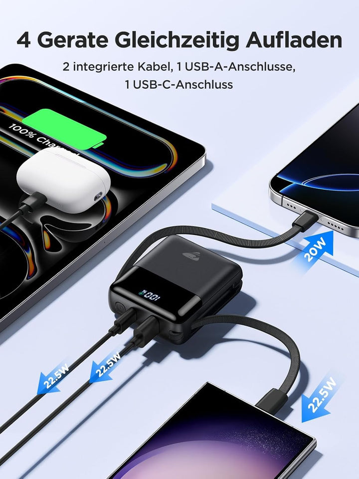 Aioneus Mini PowerBank, 10000mAh Power Bank mit Integriertem USB-C & Lightning Kabel, Minigrösse Ext