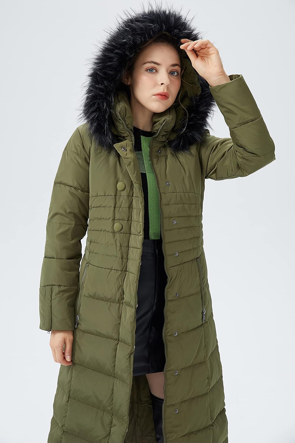 Orolay Damen Daunenmantel Lang Warm Winterjacke mit Kapuze Kunstpelz M Armeegrün, M Armeegrün